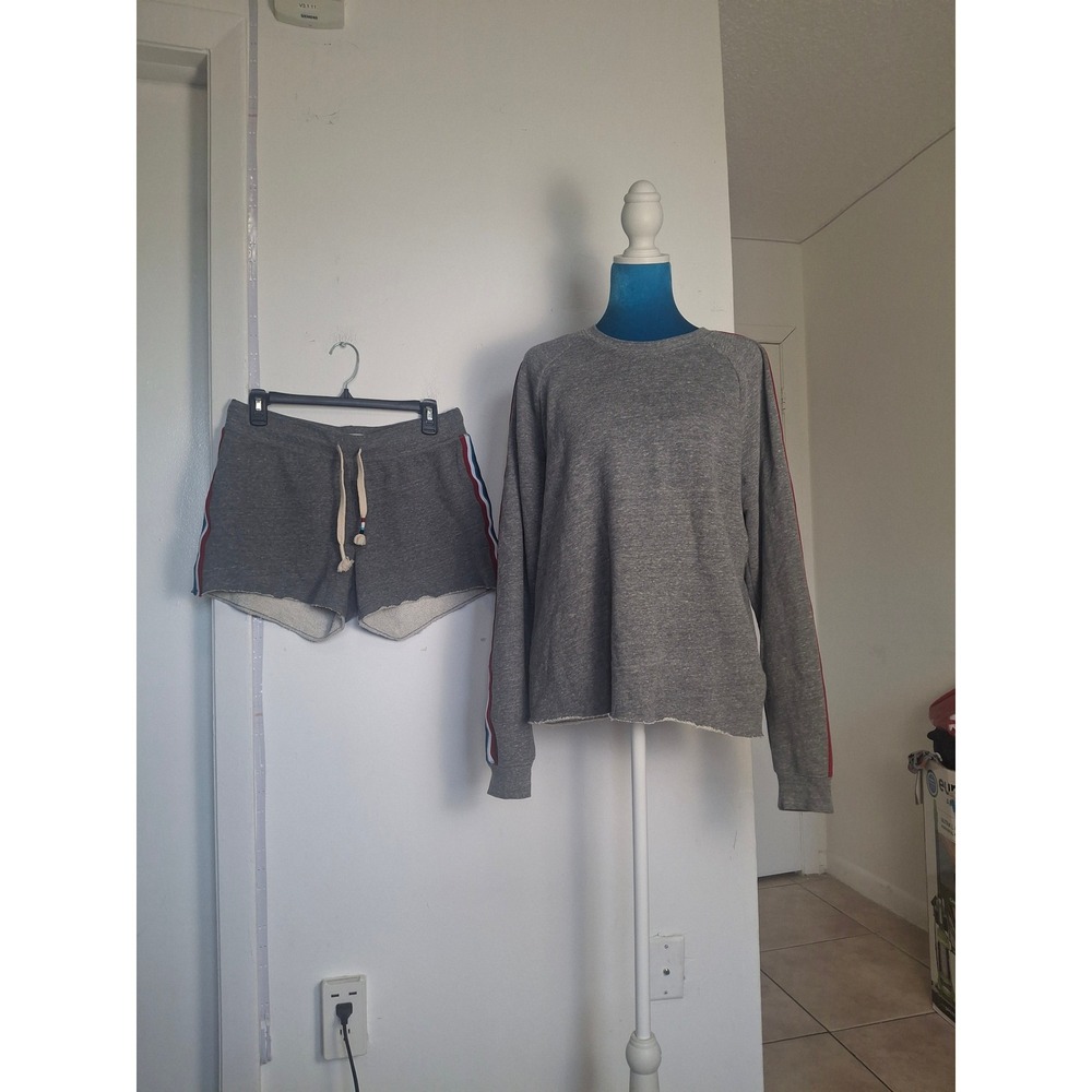 Sol Angeles Womens Gray French Terry Sweatshirt and Shorts Set Racing Stripe S M